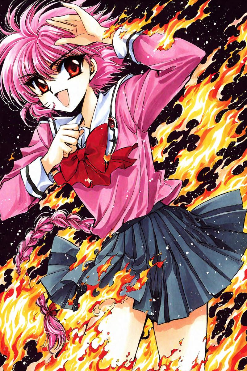 33689-933626163-Magic Knight Rayearth,_Shidou Hikaru,1990s _(style_),braid,skirt,1girl,solo,school uniform,fire,pink hair,short hair,red eyes,bo.png